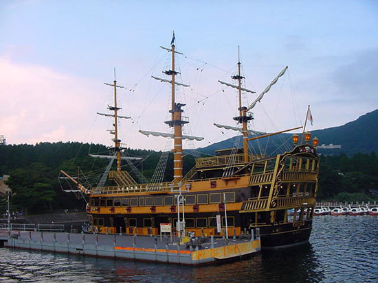 Victoria, the queen of the west sea is one of the four replica sea pirate ships or kaizokusen carrying tourists along lake Ashi, in Hakone Japan