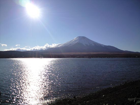 sun shine on mt. fuji and lake yamanakako
