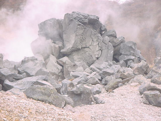 Charred remains of a rock at Owakudani after volcanic eruptions